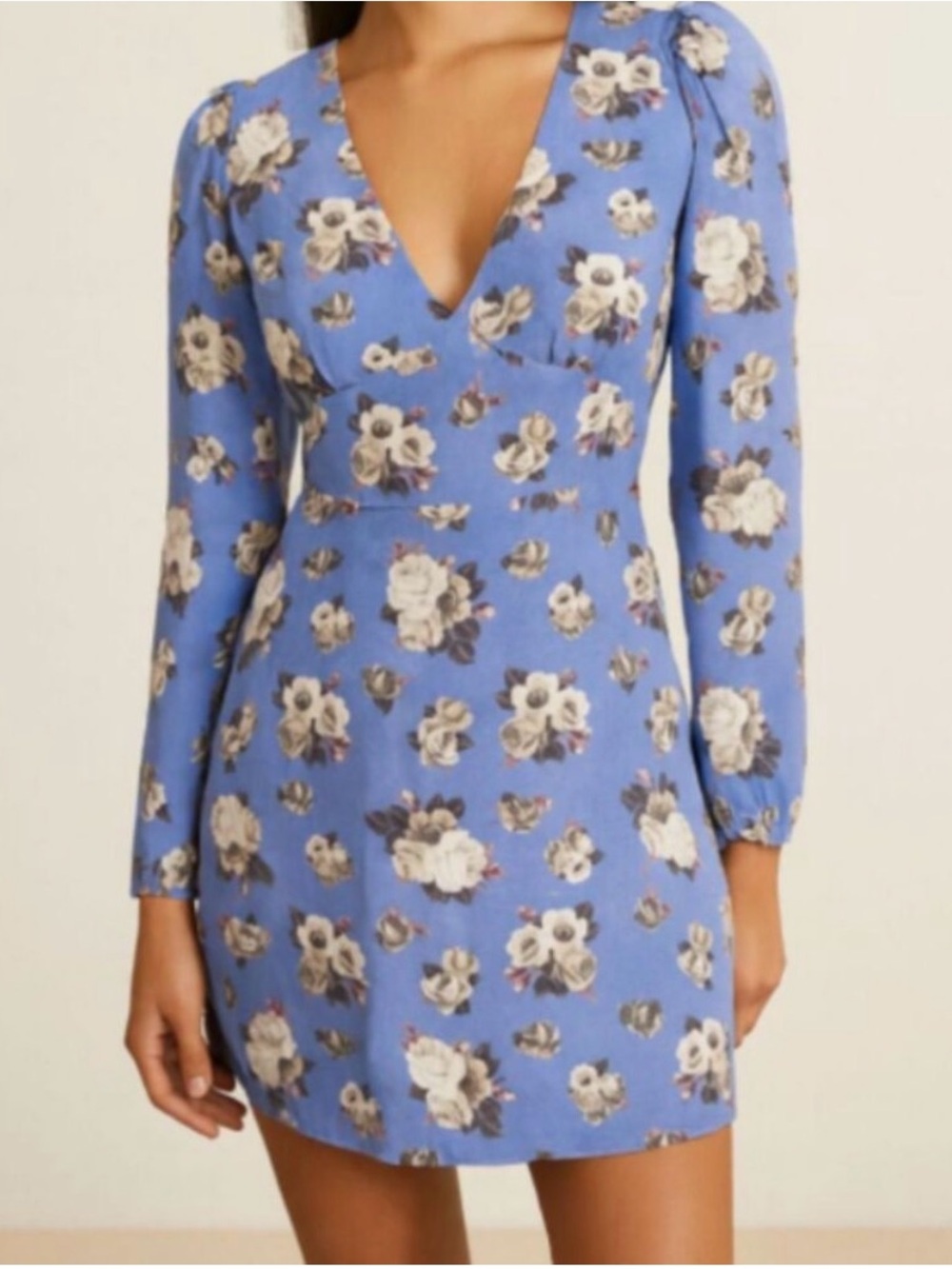 Aritzia Sunday Best Floral Mini Dress Blue V-Neck Long Sleeve Size 2